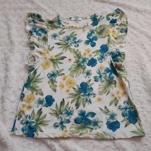 Renoma Paris floral ruffled sleeveless top XS Flirty Feminine Tropical Spring